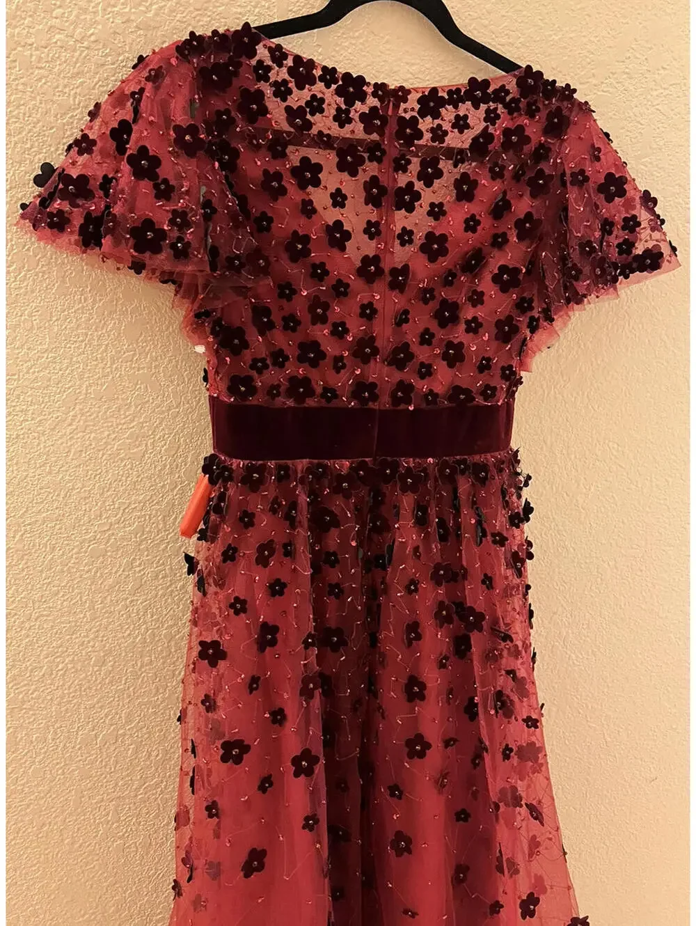 New Mac Duggal EMBELLISHED BUTTERFLY SLEEVE VELVET HEM MIDI DRESS Burgundy Sz 2 - Picture 7 of 9